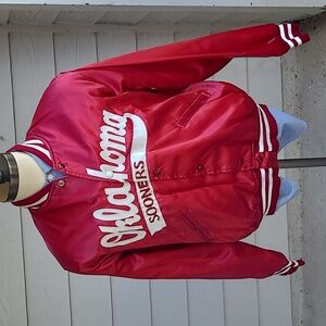 OKLAHOMA SOONERS Crimson Red‎ Cream Satin Nylon Mens Bomber Jacket Sz XL VTG